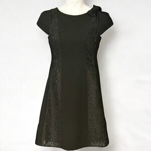 Teri Jon Elegant Black Sheath Dress Lace Panels Bow Shoulder LBD Cap Sleeve Sz 6